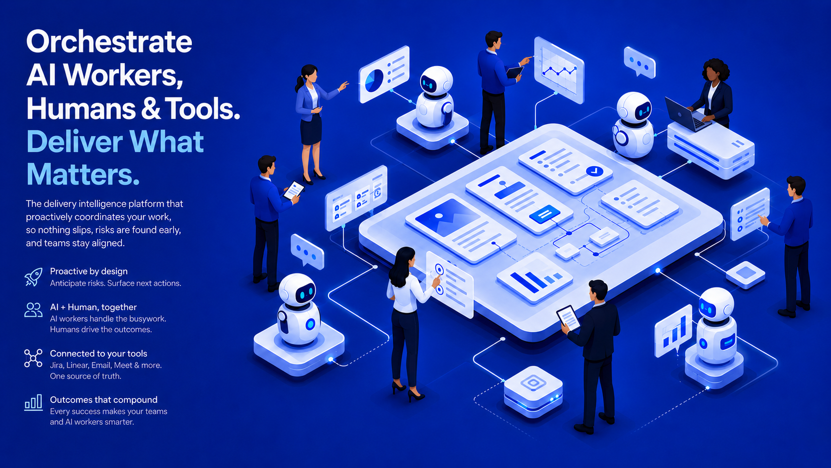 Humans and AI workers coordinating through connected systems
